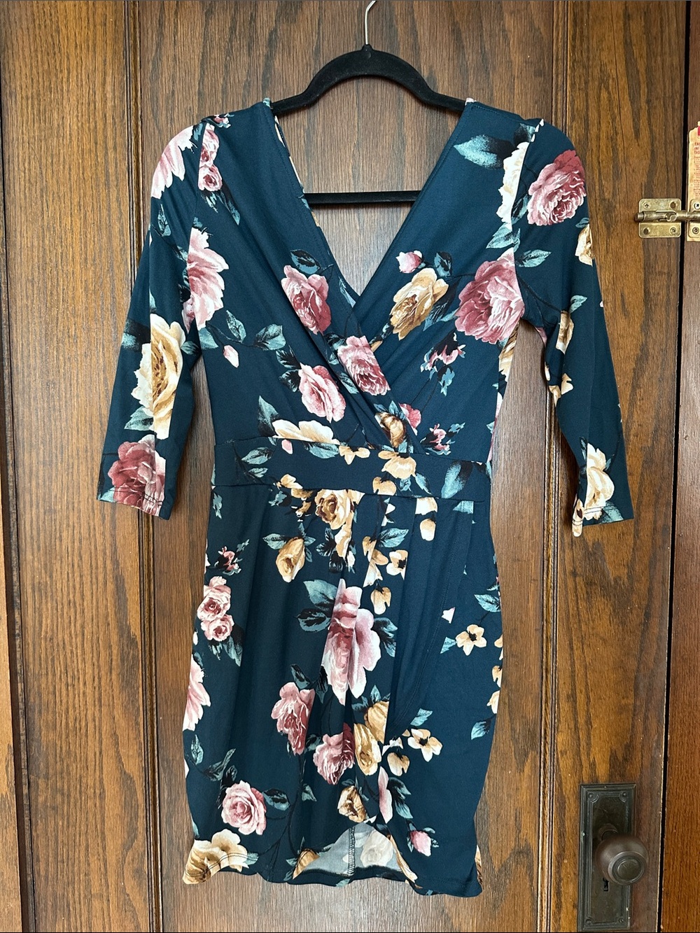 iris Navy Floral Wrap Dress with Pink & Gold Roses